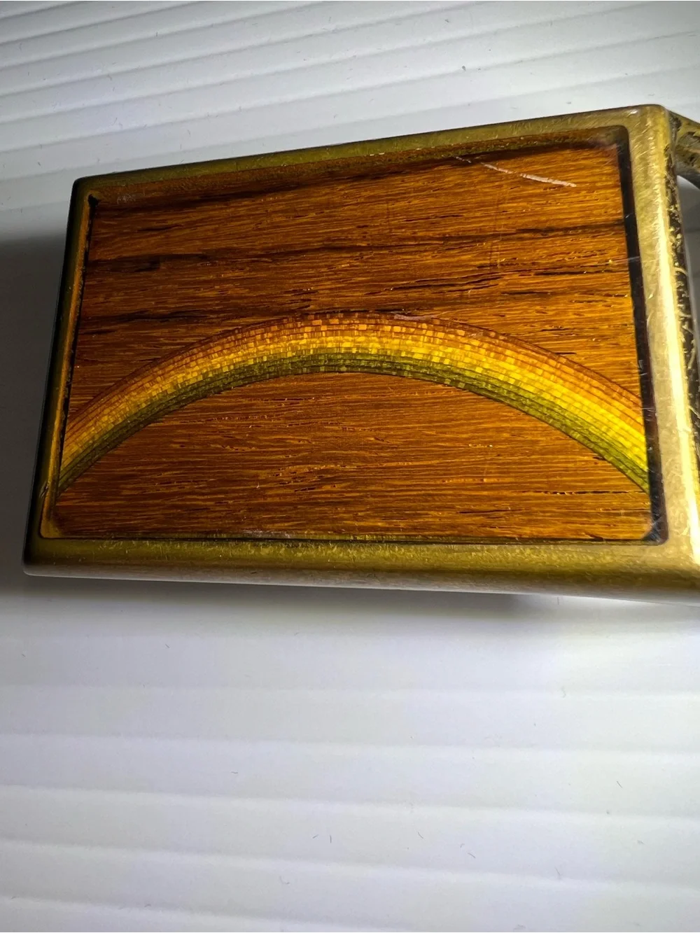 Vintage Tech-Ether Guild solid, brass wood inlay belt buckle